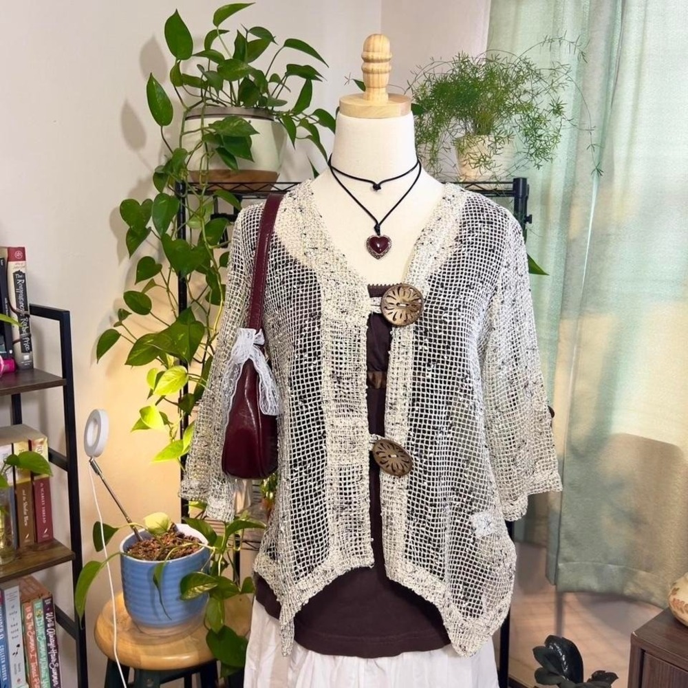 Vintage Y2K Nina Leonard Beige Mesh Cardigan Shawl Size‎ S Lagenlook Boho